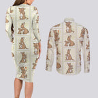 Kangaroo Australia Mother's Day Couples Matching Long Sleeve Bodycon Dress and Long Sleeve Button Shirt Mum and Joey Memory Aboriginal Stamp Seamless Style