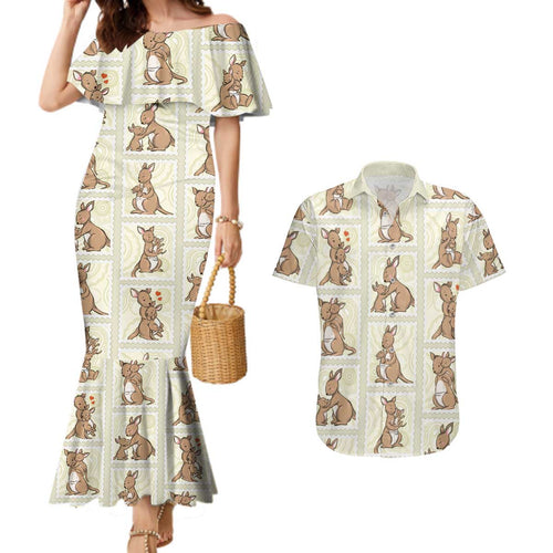 Kangaroo Australia Mother's Day Couples Matching Mermaid Dress and Hawaiian Shirt Mum and Joey Memory Aboriginal Stamp Seamless Style