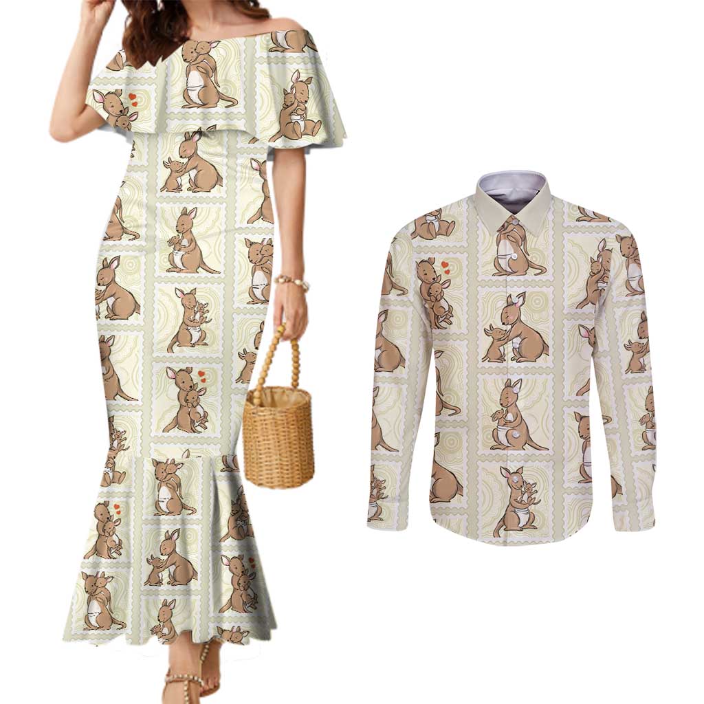 Kangaroo Australia Mother's Day Couples Matching Mermaid Dress and Long Sleeve Button Shirt Mum and Joey Memory Aboriginal Stamp Seamless Style