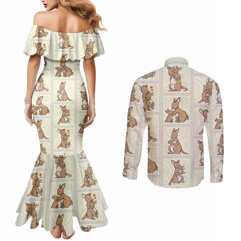 Kangaroo Australia Mother's Day Couples Matching Mermaid Dress and Long Sleeve Button Shirt Mum and Joey Memory Aboriginal Stamp Seamless Style