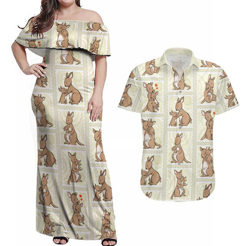 Kangaroo Australia Mother's Day Couples Matching Off Shoulder Maxi Dress and Hawaiian Shirt Mum and Joey Memory Aboriginal Stamp Seamless Style