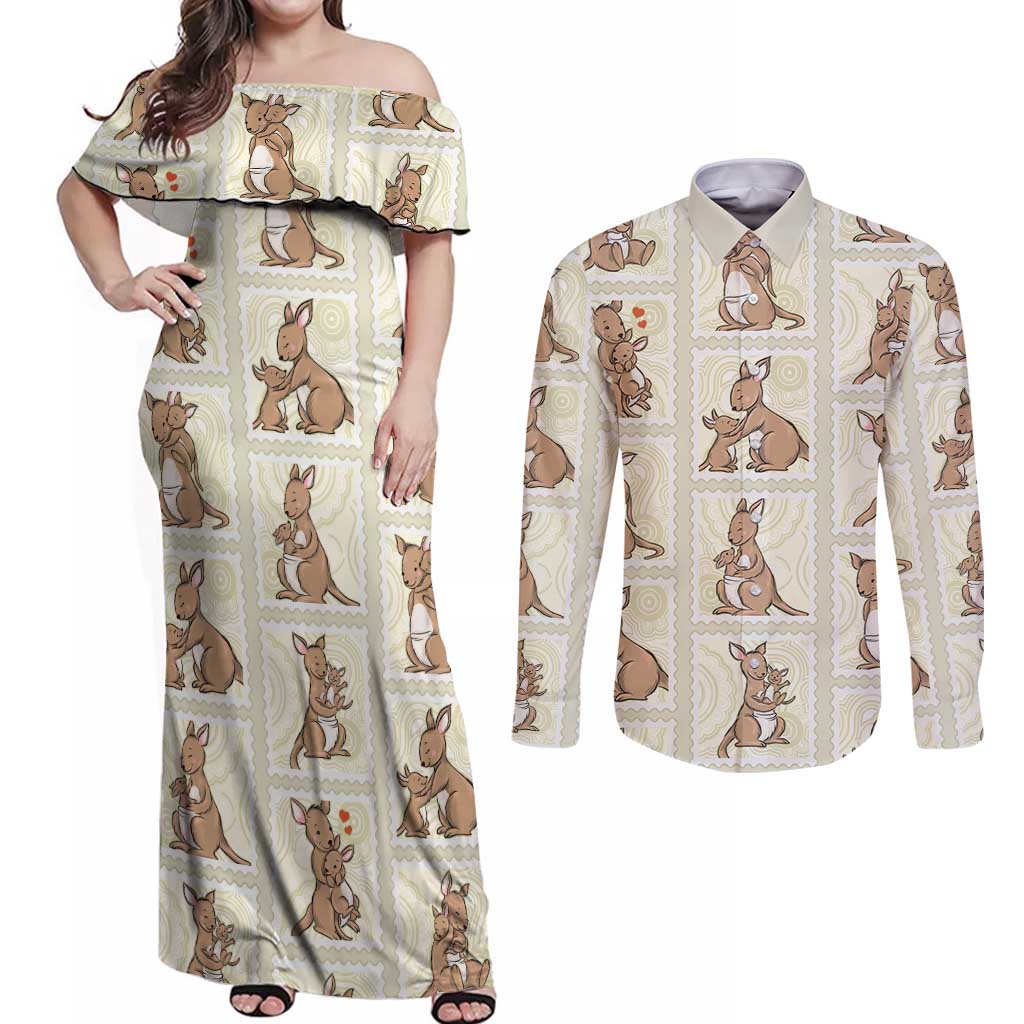 Kangaroo Australia Mother's Day Couples Matching Off Shoulder Maxi Dress and Long Sleeve Button Shirt Mum and Joey Memory Aboriginal Stamp Seamless Style