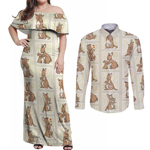 Kangaroo Australia Mother's Day Couples Matching Off Shoulder Maxi Dress and Long Sleeve Button Shirt Mum and Joey Memory Aboriginal Stamp Seamless Style