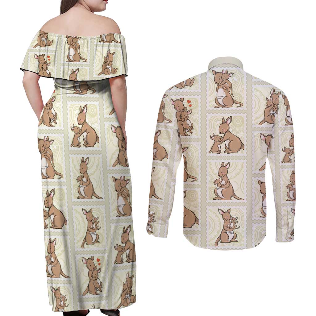 Kangaroo Australia Mother's Day Couples Matching Off Shoulder Maxi Dress and Long Sleeve Button Shirt Mum and Joey Memory Aboriginal Stamp Seamless Style