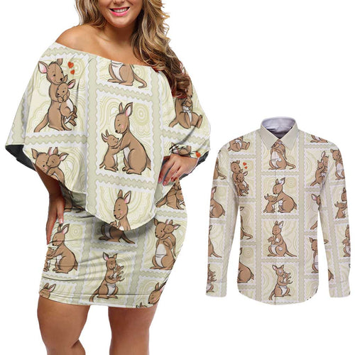 Kangaroo Australia Mother's Day Couples Matching Off Shoulder Short Dress and Long Sleeve Button Shirt Mum and Joey Memory Aboriginal Stamp Seamless Style