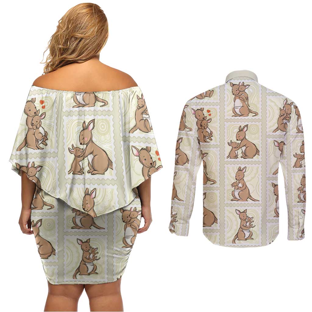 Kangaroo Australia Mother's Day Couples Matching Off Shoulder Short Dress and Long Sleeve Button Shirt Mum and Joey Memory Aboriginal Stamp Seamless Style