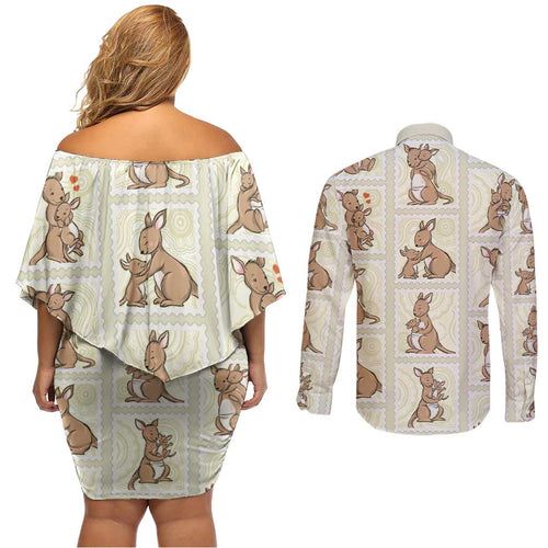 Kangaroo Australia Mother's Day Couples Matching Off Shoulder Short Dress and Long Sleeve Button Shirt Mum and Joey Memory Aboriginal Stamp Seamless Style