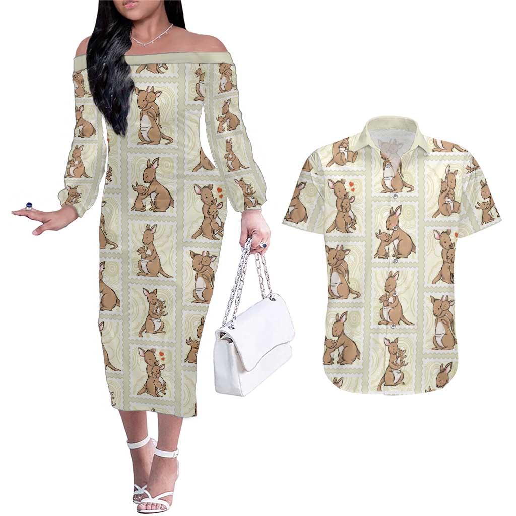 Kangaroo Australia Mother's Day Couples Matching Off The Shoulder Long Sleeve Dress and Hawaiian Shirt Mum and Joey Memory Aboriginal Stamp Seamless Style