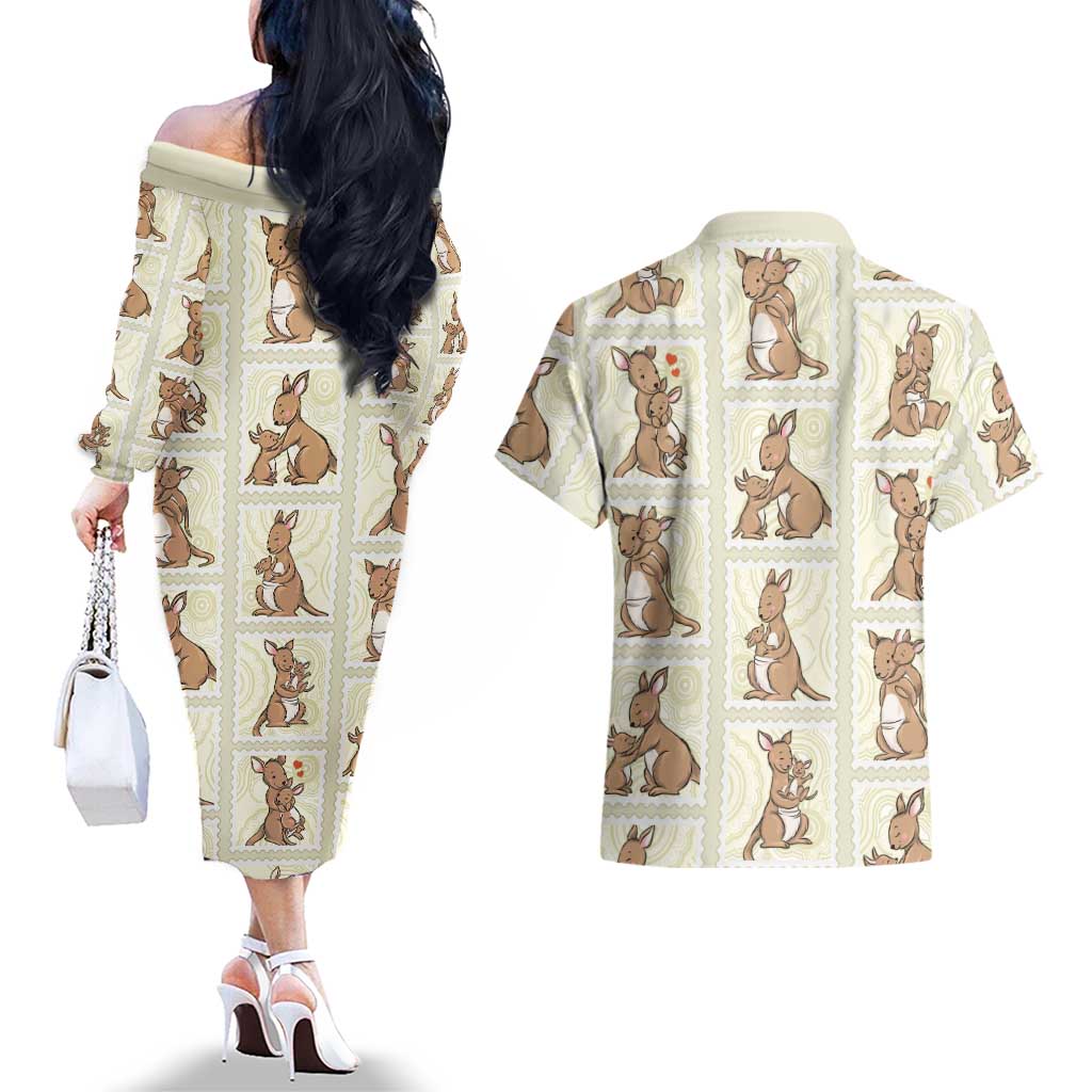 Kangaroo Australia Mother's Day Couples Matching Off The Shoulder Long Sleeve Dress and Hawaiian Shirt Mum and Joey Memory Aboriginal Stamp Seamless Style