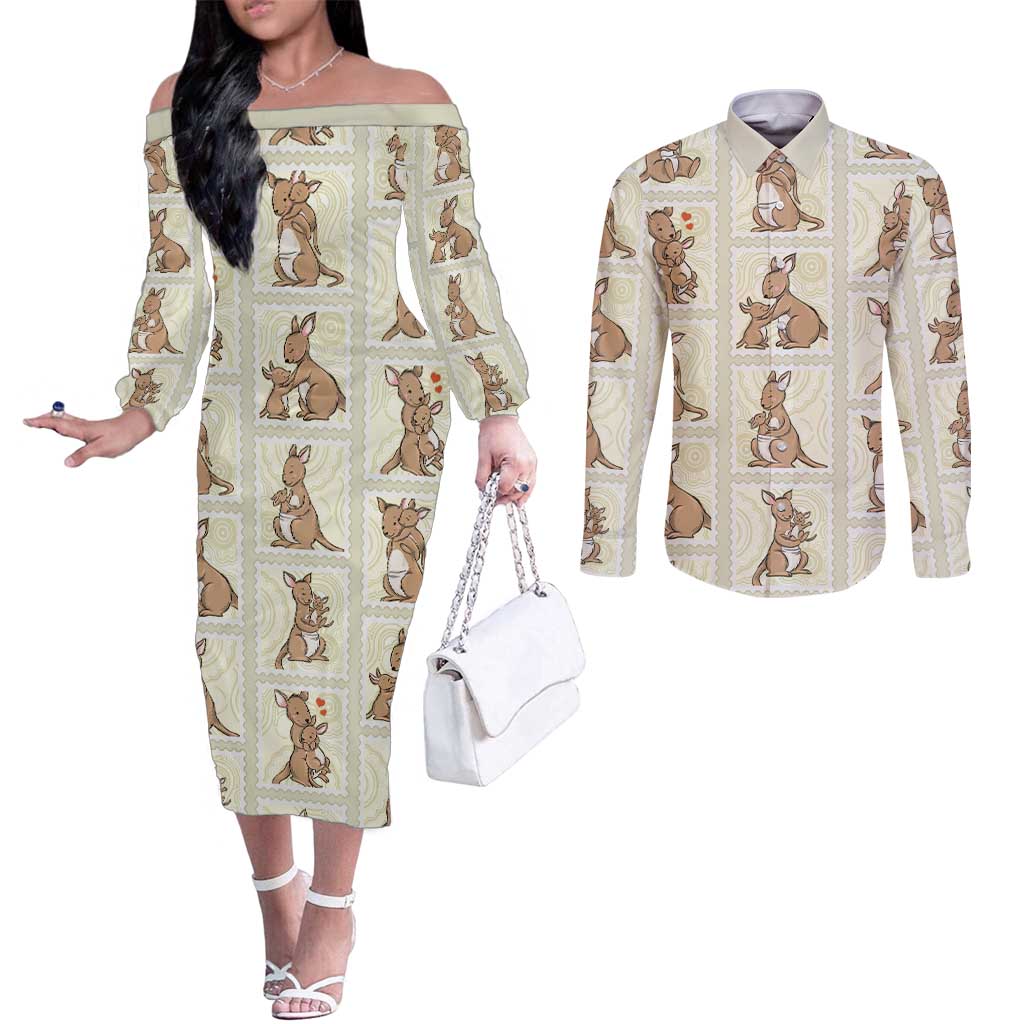 Kangaroo Australia Mother's Day Couples Matching Off The Shoulder Long Sleeve Dress and Long Sleeve Button Shirt Mum and Joey Memory Aboriginal Stamp Seamless Style