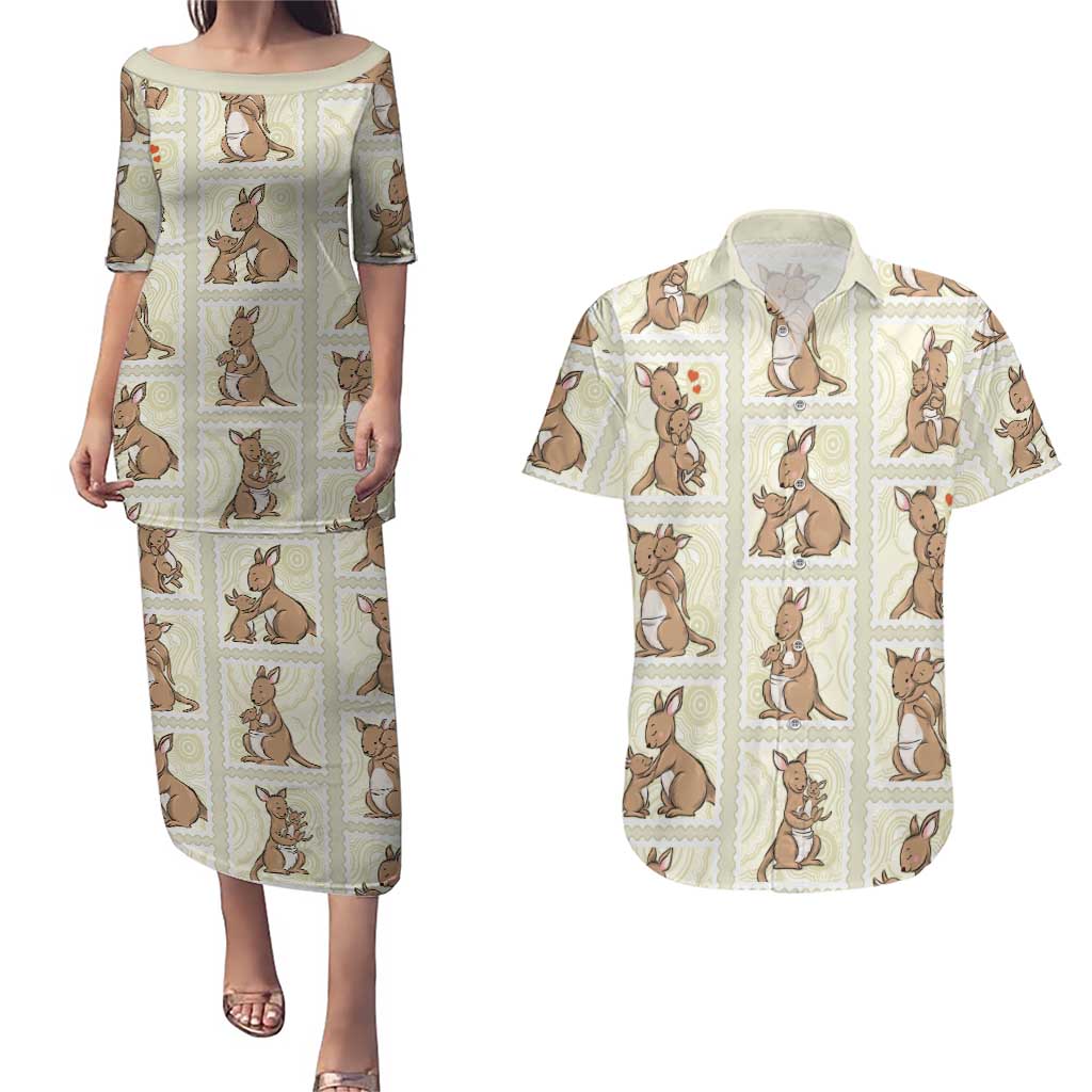Kangaroo Australia Mother's Day Couples Matching Puletasi and Hawaiian Shirt Mum and Joey Memory Aboriginal Stamp Seamless Style