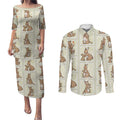 Kangaroo Australia Mother's Day Couples Matching Puletasi and Long Sleeve Button Shirt Mum and Joey Memory Aboriginal Stamp Seamless Style