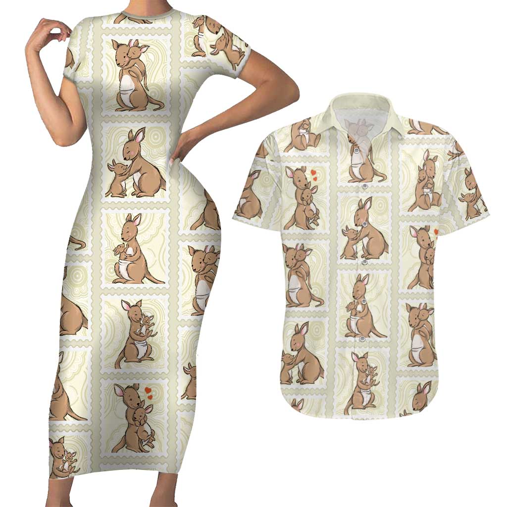 Kangaroo Australia Mother's Day Couples Matching Short Sleeve Bodycon Dress and Hawaiian Shirt Mum and Joey Memory Aboriginal Stamp Seamless Style