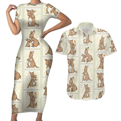Kangaroo Australia Mother's Day Couples Matching Short Sleeve Bodycon Dress and Hawaiian Shirt Mum and Joey Memory Aboriginal Stamp Seamless Style