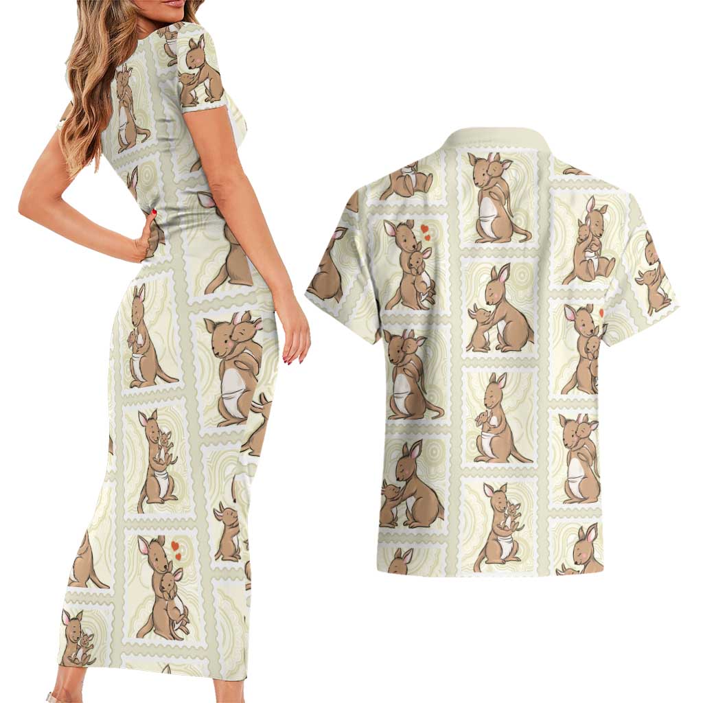 Kangaroo Australia Mother's Day Couples Matching Short Sleeve Bodycon Dress and Hawaiian Shirt Mum and Joey Memory Aboriginal Stamp Seamless Style