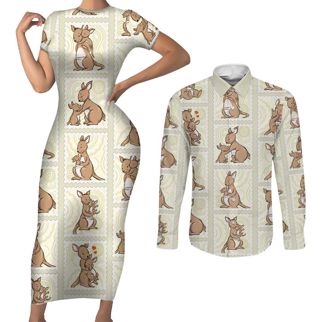 Kangaroo Australia Mother's Day Couples Matching Short Sleeve Bodycon Dress and Long Sleeve Button Shirt Mum and Joey Memory Aboriginal Stamp Seamless Style