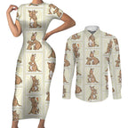 Kangaroo Australia Mother's Day Couples Matching Short Sleeve Bodycon Dress and Long Sleeve Button Shirt Mum and Joey Memory Aboriginal Stamp Seamless Style