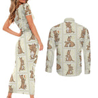 Kangaroo Australia Mother's Day Couples Matching Short Sleeve Bodycon Dress and Long Sleeve Button Shirt Mum and Joey Memory Aboriginal Stamp Seamless Style