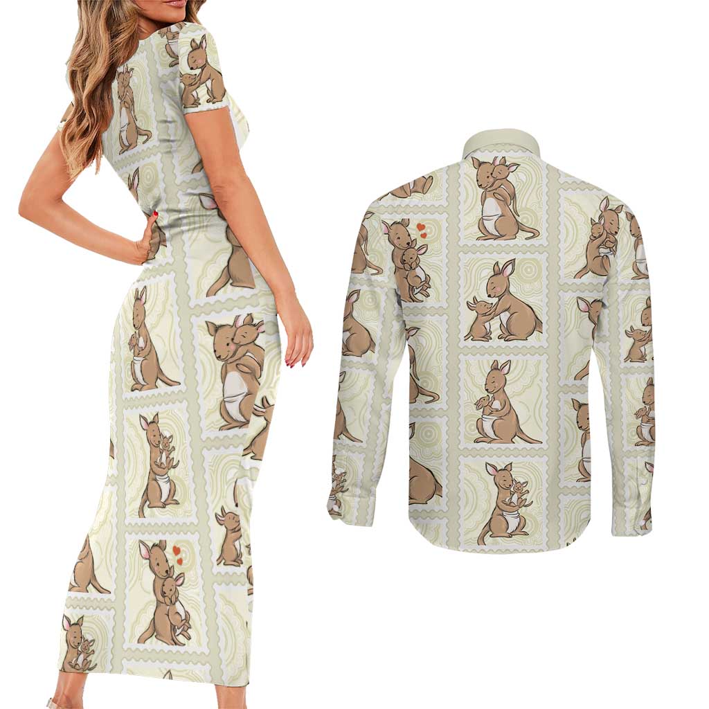 Kangaroo Australia Mother's Day Couples Matching Short Sleeve Bodycon Dress and Long Sleeve Button Shirt Mum and Joey Memory Aboriginal Stamp Seamless Style