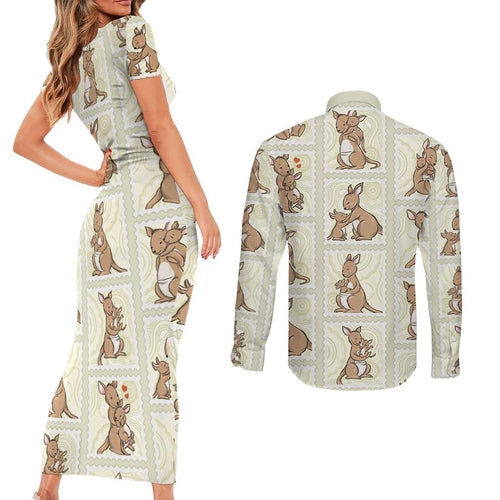 Kangaroo Australia Mother's Day Couples Matching Short Sleeve Bodycon Dress and Long Sleeve Button Shirt Mum and Joey Memory Aboriginal Stamp Seamless Style
