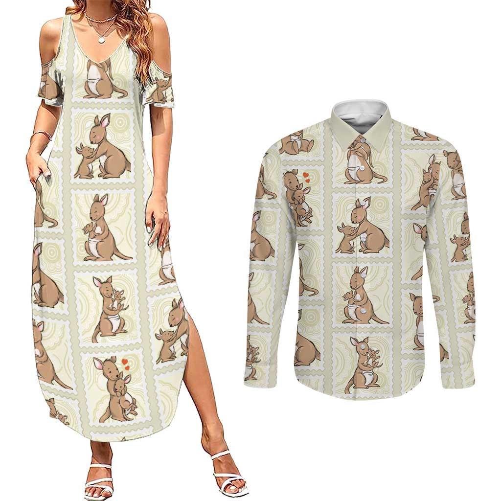 Kangaroo Australia Mother's Day Couples Matching Summer Maxi Dress and Long Sleeve Button Shirt Mum and Joey Memory Aboriginal Stamp Seamless Style