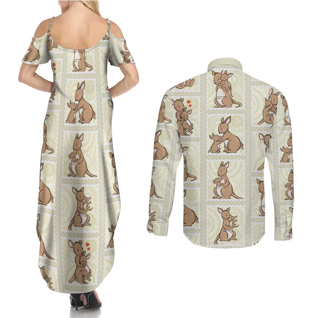 Kangaroo Australia Mother's Day Couples Matching Summer Maxi Dress and Long Sleeve Button Shirt Mum and Joey Memory Aboriginal Stamp Seamless Style