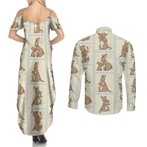 Kangaroo Australia Mother's Day Couples Matching Summer Maxi Dress and Long Sleeve Button Shirt Mum and Joey Memory Aboriginal Stamp Seamless Style