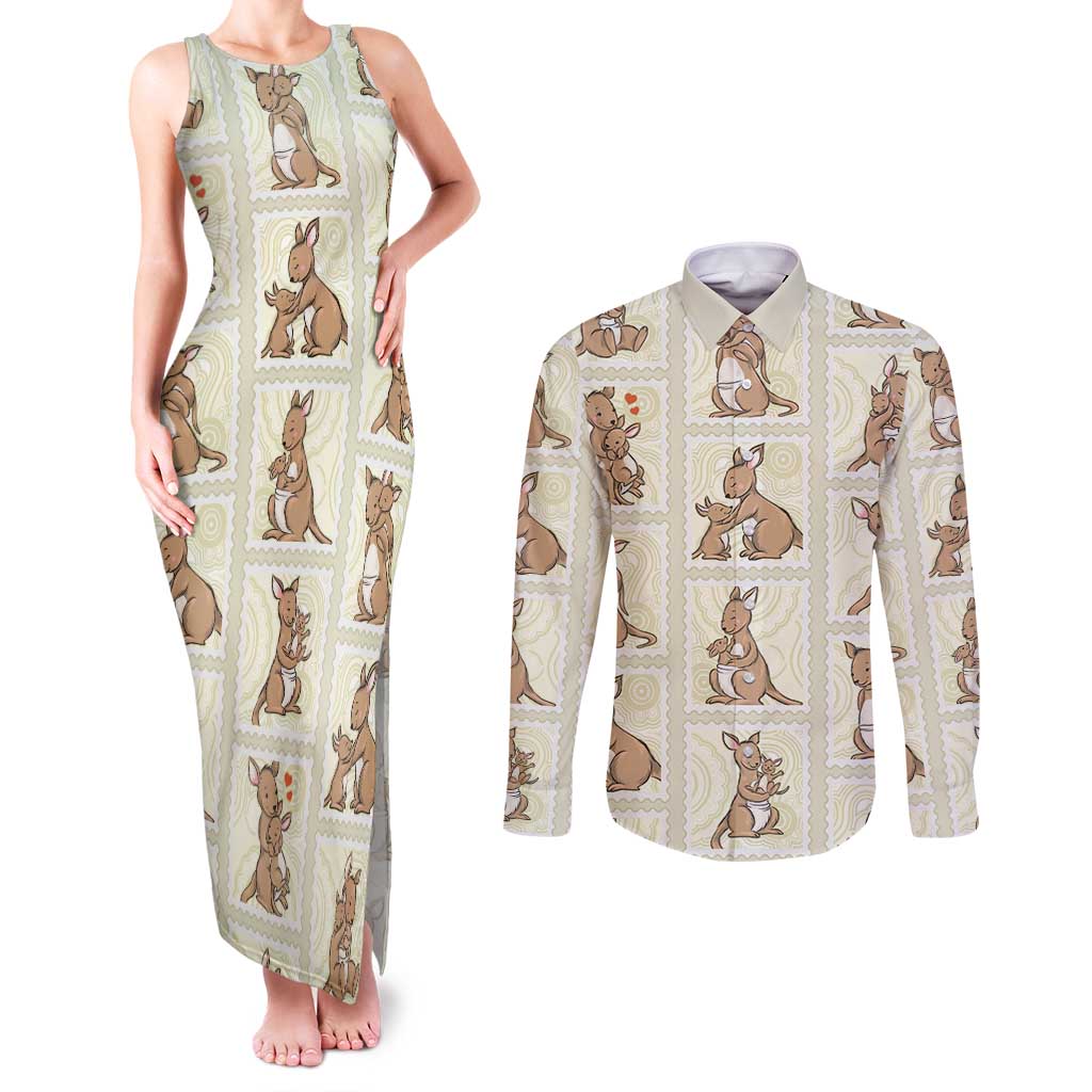 Kangaroo Australia Mother's Day Couples Matching Tank Maxi Dress and Long Sleeve Button Shirt Mum and Joey Memory Aboriginal Stamp Seamless Style