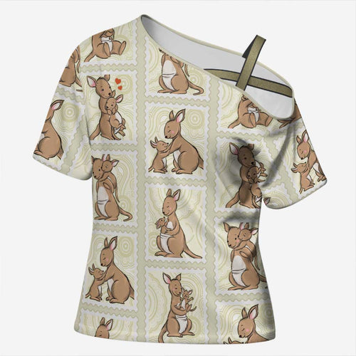 Kangaroo Australia Mother's Day Cross Shoulder Shirt Mum and Joey Memory Aboriginal Stamp Seamless Style