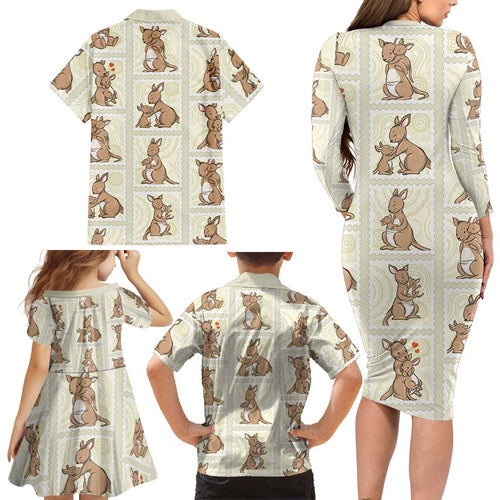 Kangaroo Australia Mother's Day Family Matching Long Sleeve Bodycon Dress and Hawaiian Shirt Mum and Joey Memory Aboriginal Stamp Seamless Style