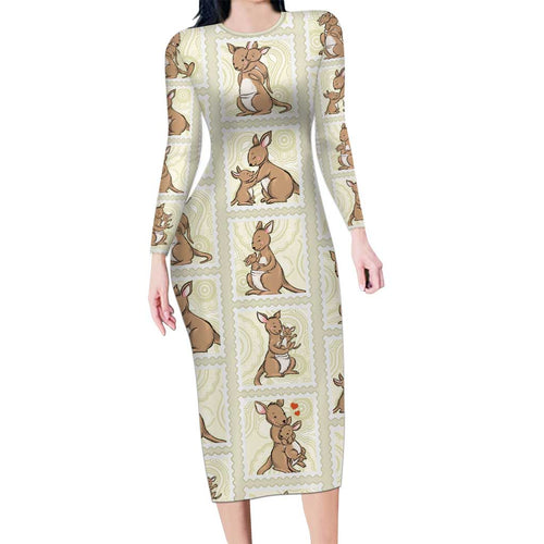 Kangaroo Australia Mother's Day Family Matching Long Sleeve Bodycon Dress and Hawaiian Shirt Mum and Joey Memory Aboriginal Stamp Seamless Style