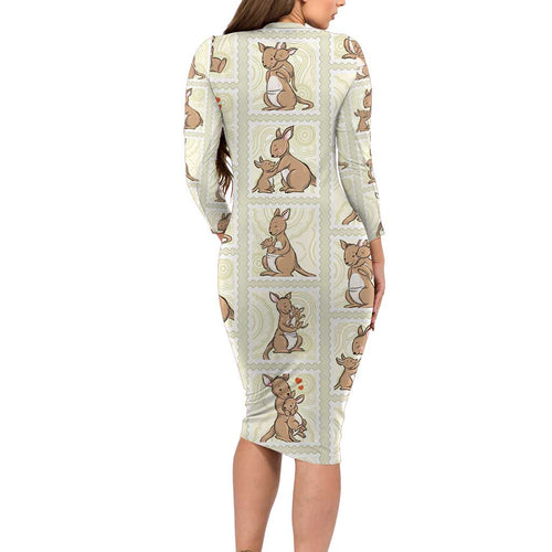 Kangaroo Australia Mother's Day Family Matching Long Sleeve Bodycon Dress and Hawaiian Shirt Mum and Joey Memory Aboriginal Stamp Seamless Style