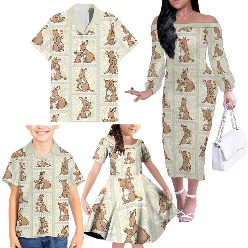 Kangaroo Australia Mother's Day Family Matching Off The Shoulder Long Sleeve Dress and Hawaiian Shirt Mum and Joey Memory Aboriginal Stamp Seamless Style