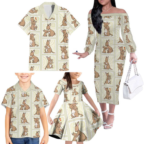 Kangaroo Australia Mother's Day Family Matching Off The Shoulder Long Sleeve Dress and Hawaiian Shirt Mum and Joey Memory Aboriginal Stamp Seamless Style