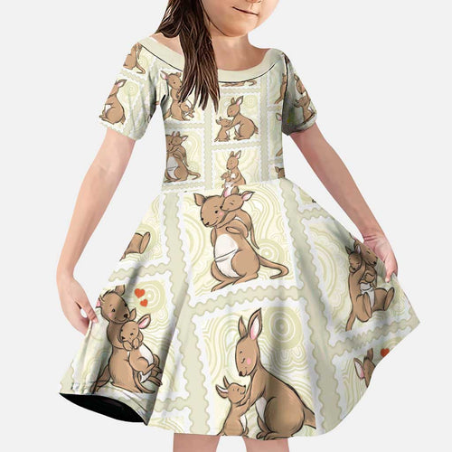 Kangaroo Australia Mother's Day Family Matching Off The Shoulder Long Sleeve Dress and Hawaiian Shirt Mum and Joey Memory Aboriginal Stamp Seamless Style