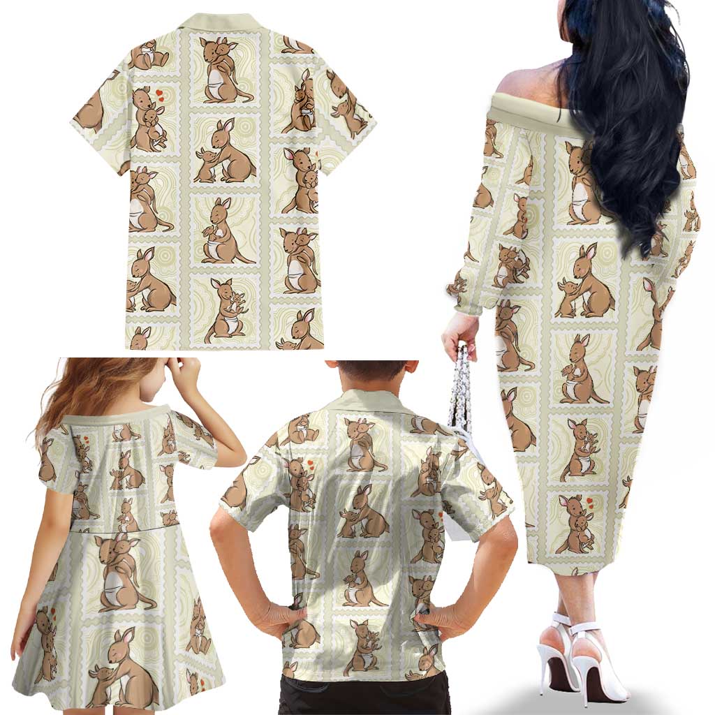 Kangaroo Australia Mother's Day Family Matching Off The Shoulder Long Sleeve Dress and Hawaiian Shirt Mum and Joey Memory Aboriginal Stamp Seamless Style