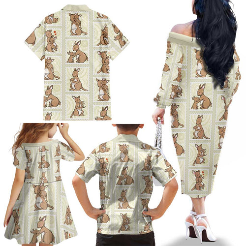 Kangaroo Australia Mother's Day Family Matching Off The Shoulder Long Sleeve Dress and Hawaiian Shirt Mum and Joey Memory Aboriginal Stamp Seamless Style