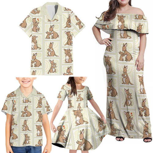 Kangaroo Australia Mother's Day Family Matching Off Shoulder Maxi Dress and Hawaiian Shirt Mum and Joey Memory Aboriginal Stamp Seamless Style