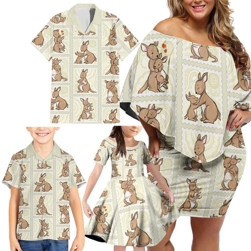 Kangaroo Australia Mother's Day Family Matching Off Shoulder Short Dress and Hawaiian Shirt Mum and Joey Memory Aboriginal Stamp Seamless Style