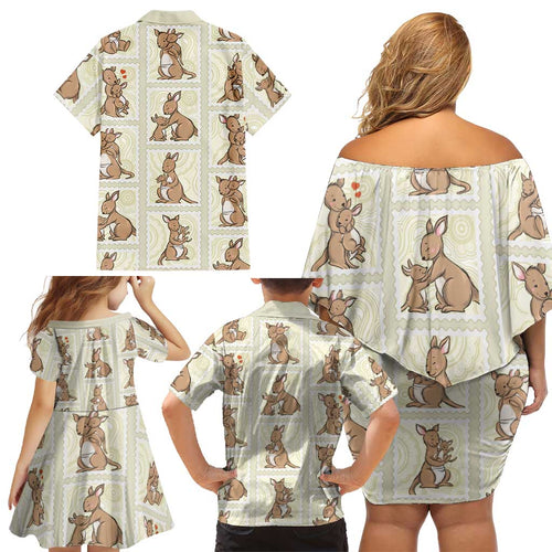 Kangaroo Australia Mother's Day Family Matching Off Shoulder Short Dress and Hawaiian Shirt Mum and Joey Memory Aboriginal Stamp Seamless Style