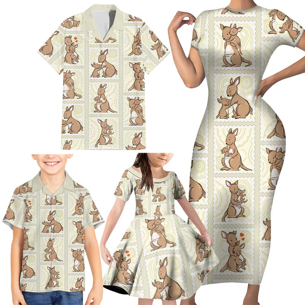 Kangaroo Australia Mother's Day Family Matching Short Sleeve Bodycon Dress and Hawaiian Shirt Mum and Joey Memory Aboriginal Stamp Seamless Style