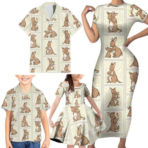 Kangaroo Australia Mother's Day Family Matching Short Sleeve Bodycon Dress and Hawaiian Shirt Mum and Joey Memory Aboriginal Stamp Seamless Style