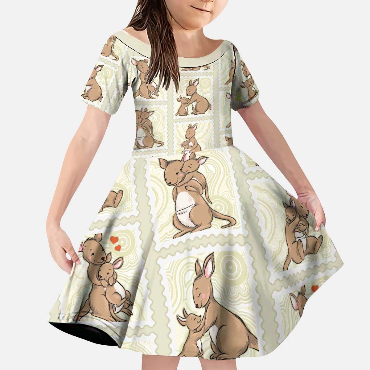 Kangaroo Australia Mother's Day Kid Short Sleeve Dress Mum and Joey Memory Aboriginal Stamp Seamless Style