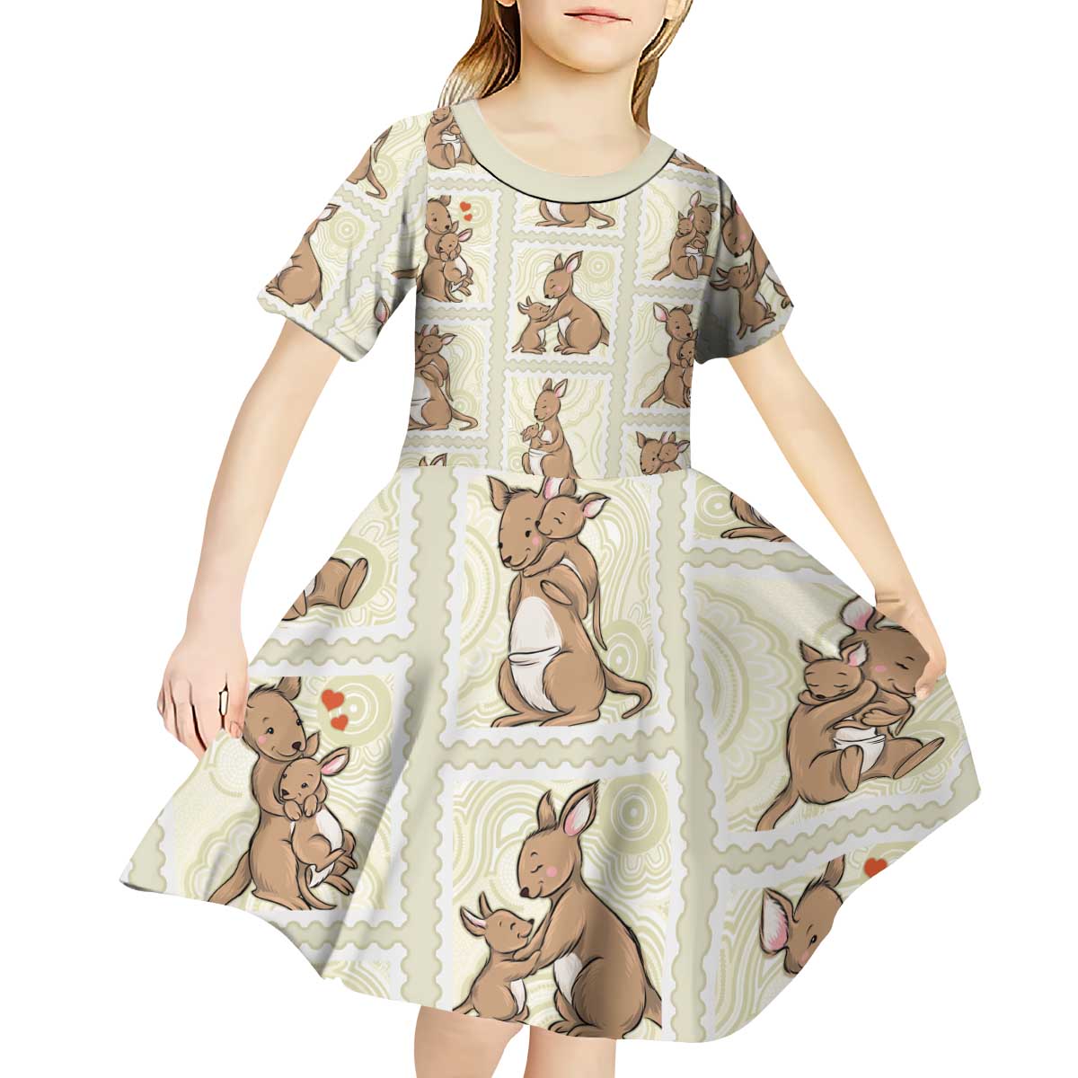 Kangaroo Australia Mother's Day Kid Short Sleeve Dress Mum and Joey Memory Aboriginal Stamp Seamless Style