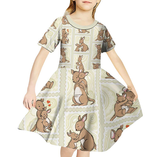 Kangaroo Australia Mother's Day Kid Short Sleeve Dress Mum and Joey Memory Aboriginal Stamp Seamless Style