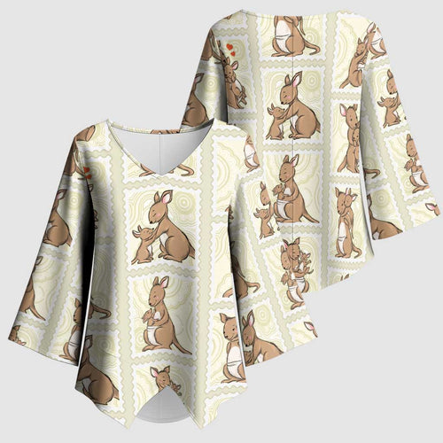 Kangaroo Australia Mother's Day Kimono Sleeve Blouse Mum and Joey Memory Aboriginal Stamp Seamless Style