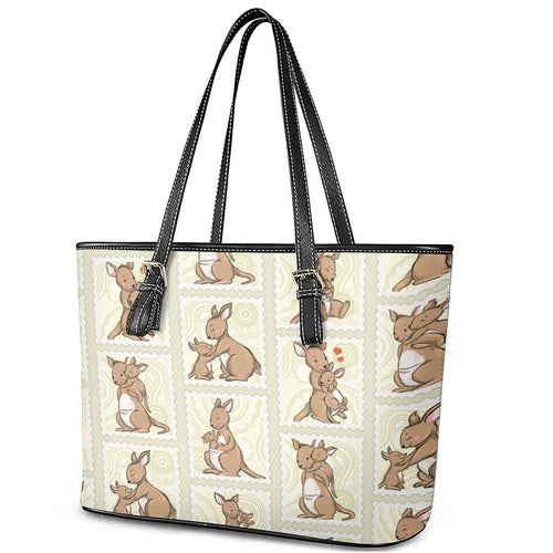 Kangaroo Australia Mother's Day Leather Tote Bag Mum and Joey Memory Aboriginal Stamp Seamless Style