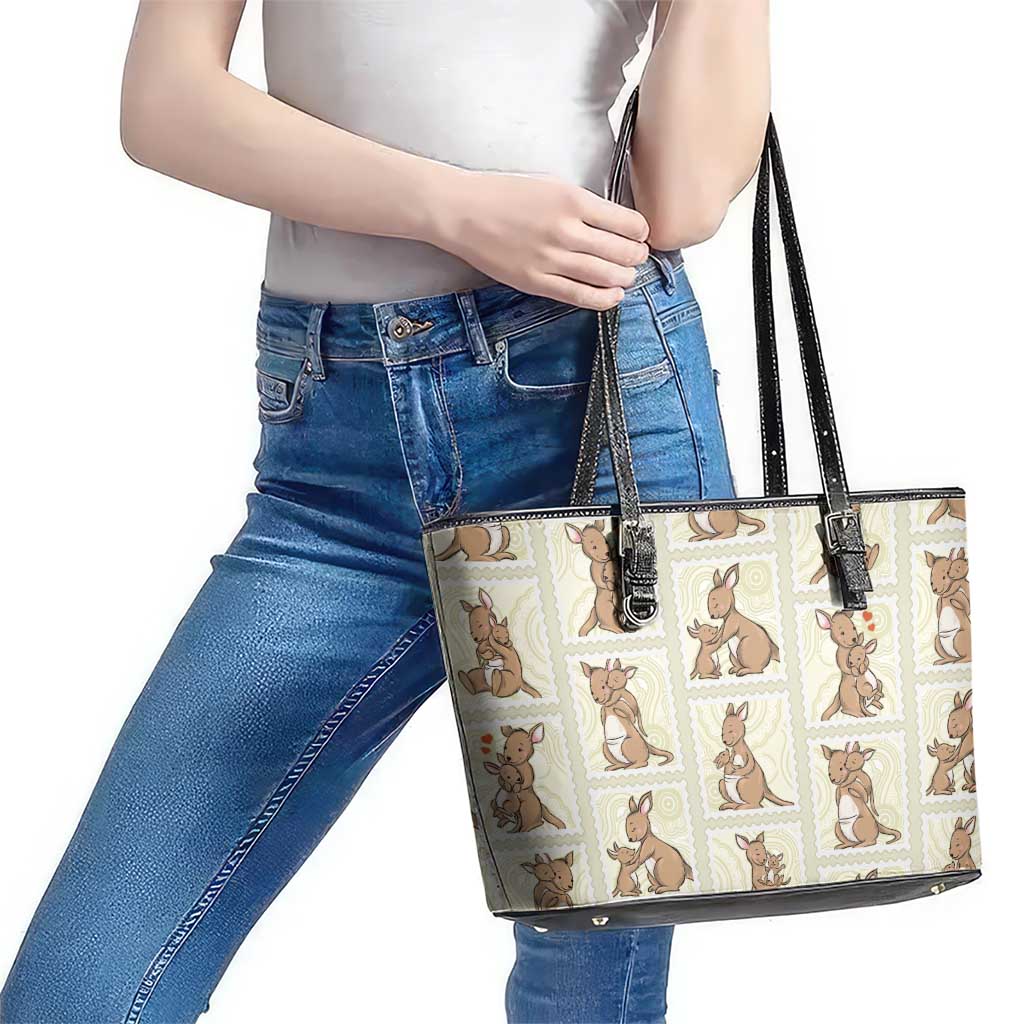 Kangaroo Australia Mother's Day Leather Tote Bag Mum and Joey Memory Aboriginal Stamp Seamless Style