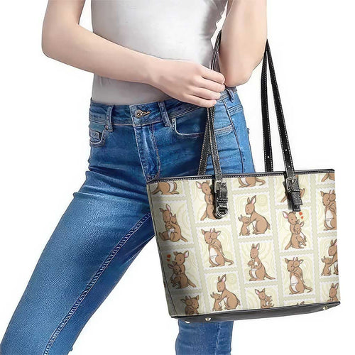 Kangaroo Australia Mother's Day Leather Tote Bag Mum and Joey Memory Aboriginal Stamp Seamless Style