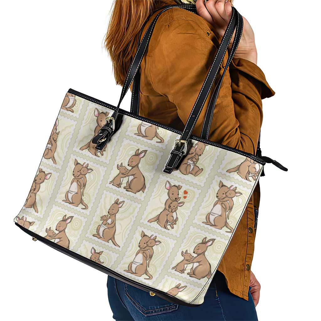 Kangaroo Australia Mother's Day Leather Tote Bag Mum and Joey Memory Aboriginal Stamp Seamless Style